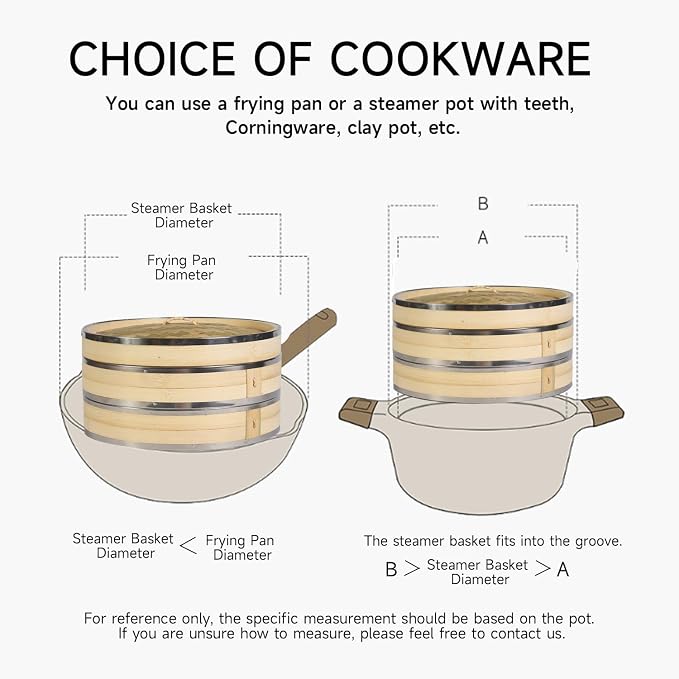 2-Tier Kitchen Bamboo Steamer with Stainless Steel Rings for Asian Cooking | Sauce Dish & 2-Chopsticks & 2 Liners | Buns Dumplings Vegetables Fish Rice