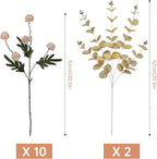 Faux Beige Kiku Flowers 10 Stems & 2 Eucalyptus, Fake Mums Pompon Flower Ball, Autumn Artificial Chrysanthemums Flowers for Boho Bedroom Decor, Silk Mini Faux Kiku Flower Wedding Arrangements Decor