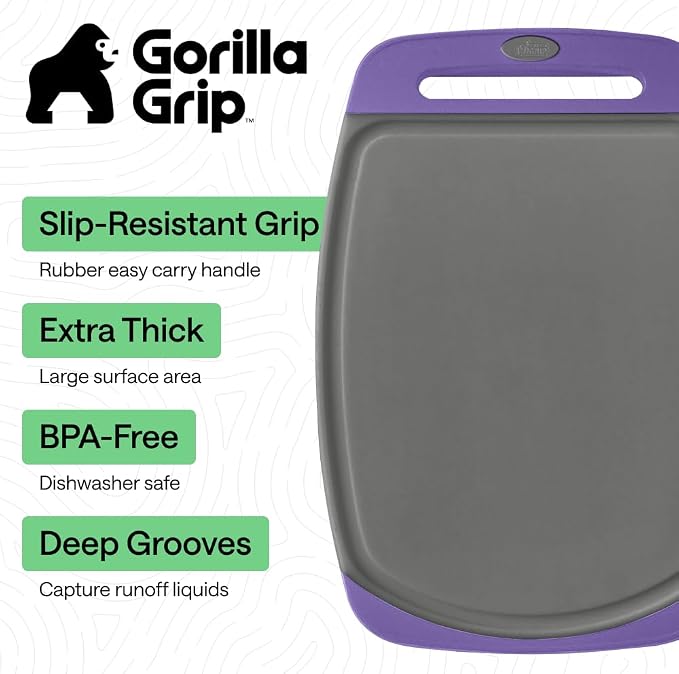 GORILLA GRIP BPA-Free Reversible Kitchen Cutting Board Set of 3, US Designed, Nonporous, Juice Grooves Catch Liquid, Slip Resistant Border, Dishwasher Safe, Durable Food Chopping Boards, Gray Purple