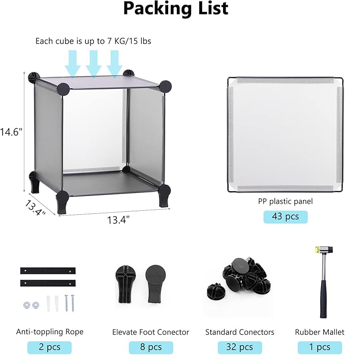 ANWBROAD Cube Storage Organizer 12-cube DIY Modular Closet Organizer Plastic Bookshelf Bookcase Storage Shelves Units Rubber Hammer for Bedroom Office Living Room ULCS012H
