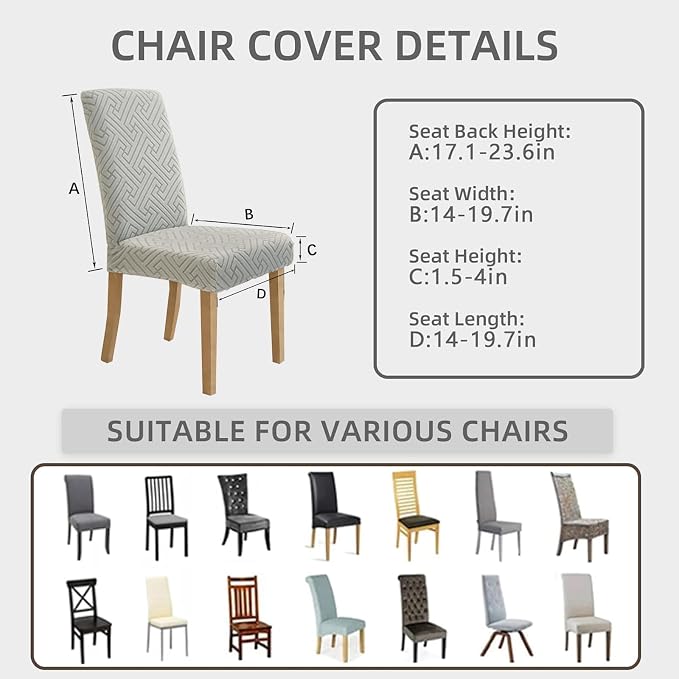 Promindfly Dining Chair Covers, 3D Jacquard Fabric Chair Covers for Dining Room, Anti-Scratch Chair Covers Set of 6, Stretch Washable Dining Chair Covers for Kitchen, Hotel