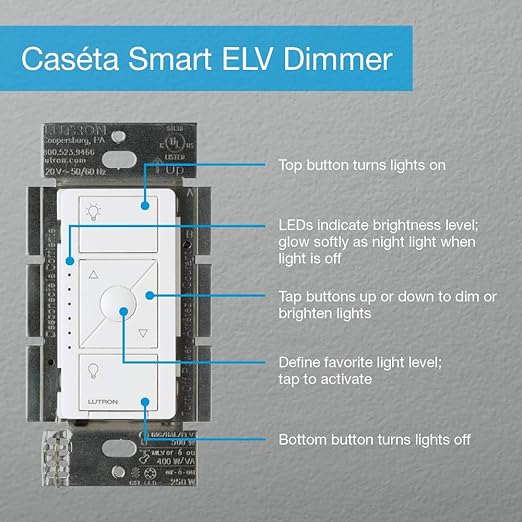 Lutron Caseta Original Smart Dimmer Switch ELV+ (Lutron Hub Required), 250W LED, Single-Pole/3-Way, Neutral Required, PD-5NE-BL, Black
