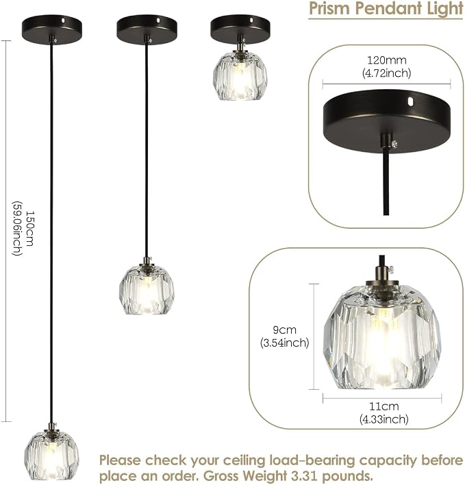 Modern Pendant Light Fixture, Prism Crystal Small Pendant Light for Kitchen Island, Black Crystal Single Pendant Lighting for Dining Room Bedroom