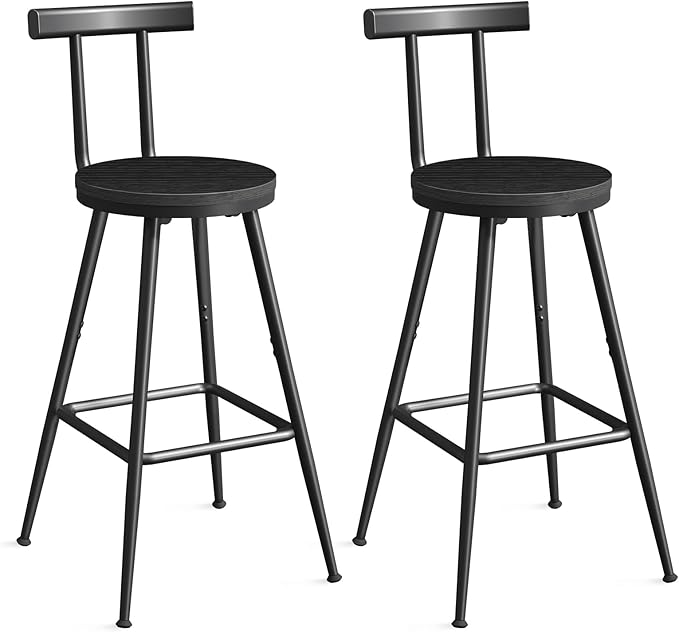 Bar Stools, Set of 2 Bar Chairs with Backrest and Footrest, 26" Tall Counter Stools, Metal Frame, Adjustable Feet, Easy Assembly, for Kitchen, Living Room, Pub, Black BAHB6001