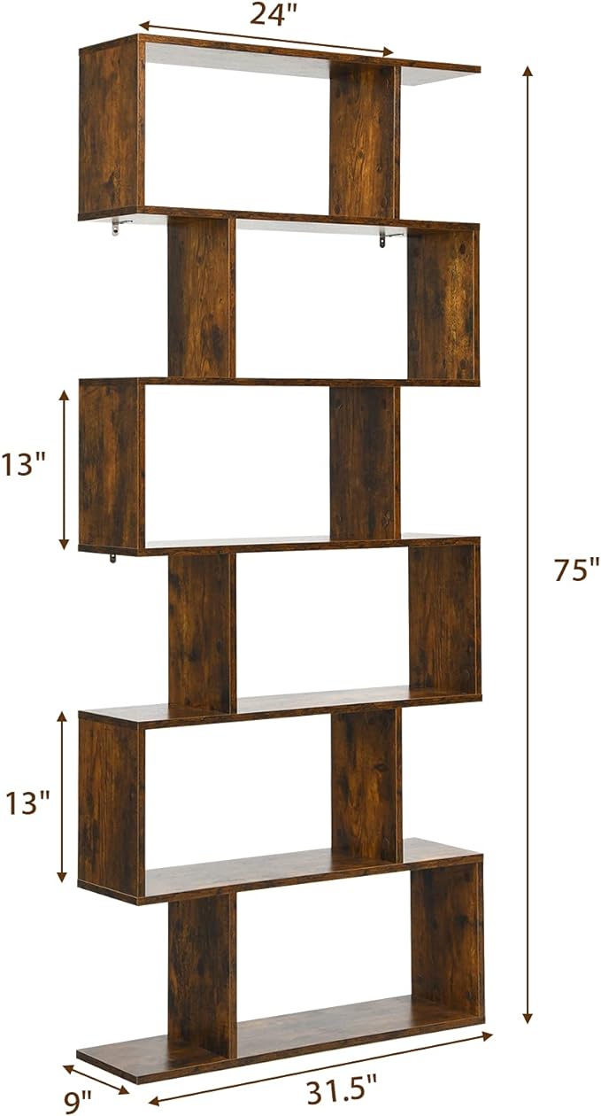 BETTARY 6-Tier Bookshelf, Freestanding S-Shaped Geometric Display Shelf, Modern Tall Bookcase for Home Office, Living Room, Bedroom, Coffee