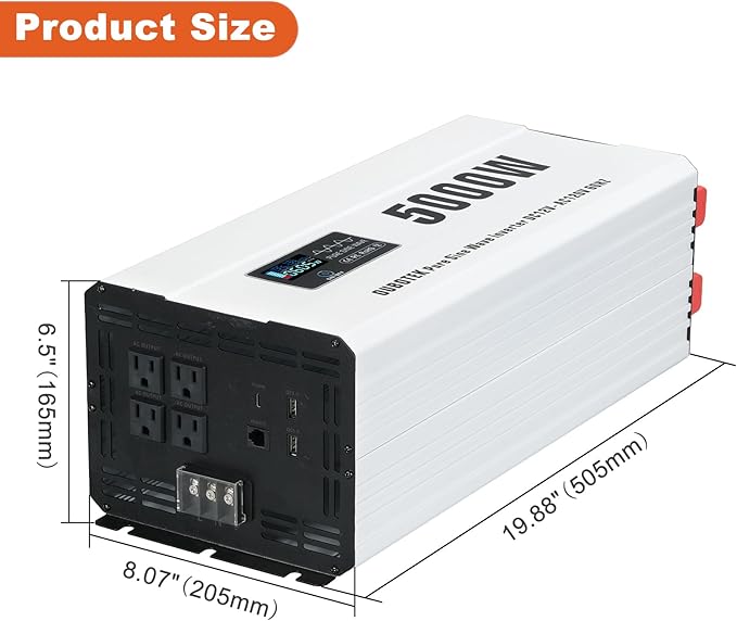 5000 Watts Power Inverter Peak 10KW, Pure Sine Wave 12V DC to 120V AC Off Grid Solar Inverter with Wireless Remote Control LCD Display 4 AC Outlets Hardwire Terminal for Home RV Camping