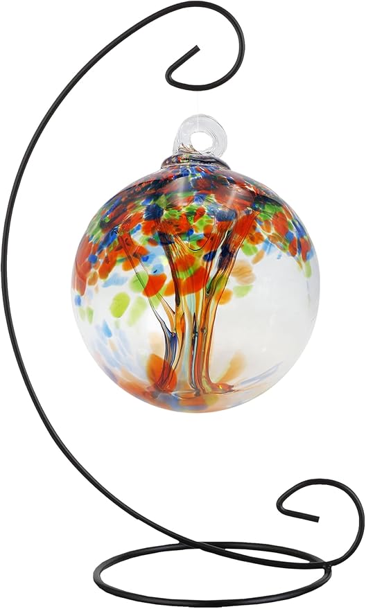 Dale Tiffany AC23189-D4 Rainbow Tree of Life Hand Blown Art Glass Ornament Witch Globe Gazing Ball, Royal, 4" Diameter with Hanging Stand