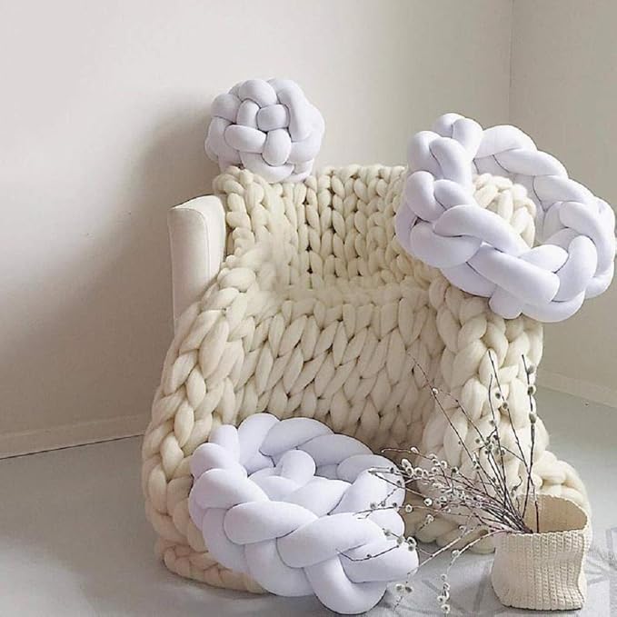 Chunky Knit Blanket Hand Made Merino Wool Throw Boho Bedroom Sofa Home Decor Giant Yarn(Ivory White 40"x47")