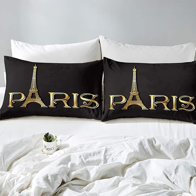 Erosebridal Eiffel Tower Comforter Set, City Building of Paris Bedding Set Full Size, Gold Black Duvet Sets for Kids Boys Girls Teens Bedroom, Soft Microfiber Bedding Comforters with 2 Pillow Cases