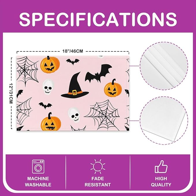 Feelyou Happy Halloween Placemats Set of 4 Pumpkin Lantern Skull Table Mats for Party Kitchen Dining Decoration Holiday Seasonal Pink Orange White Place Mat for Dinner Table Indoor Outdoor 18"x12"