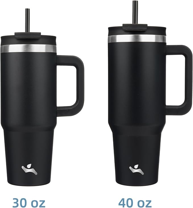 Konokyo 30 oz Insulated Tumbler Water Bottle with Handle, Straw Lid | BPA-free and dishwasher safe; made for gym, travel, coffee and gifting, 2 straws, cup holder friendly,Black
