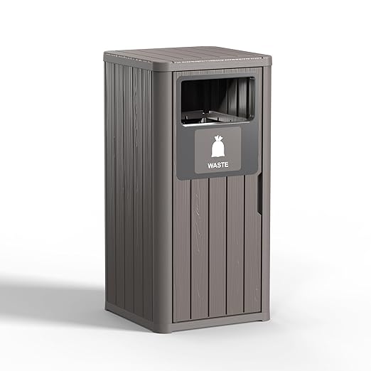 Outdoor Single Barrel Trash Can,Waterproof Resin Garbage Can with Garbage Labels,Durable Waste Bin for Porch, Backyard,Kitchen,for 30 to 39 Gallon Trash Bags