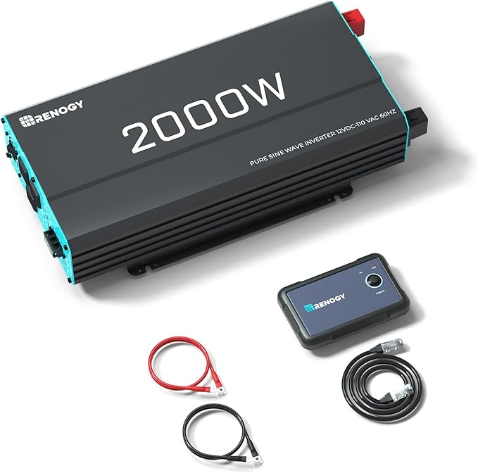 Renogy Inverter P2 2000W Pure Sine Wave Inverter 12V DC to 110V AC Converter, Off-Grid Solar Power Inverters for Vehicles, Truck, RV, Home, with Built-in 5V/2.1A USB / Hardwire Port, Remote Controller