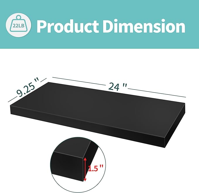 LaVie Home Floating Shelves, 24 Inch Wall Shelf Set of 2, Hanging Shelf with Invisible Brackets, Wall Decor for Bathroom, Bedroom, Living Room, Kitchen Storage, Classic Black