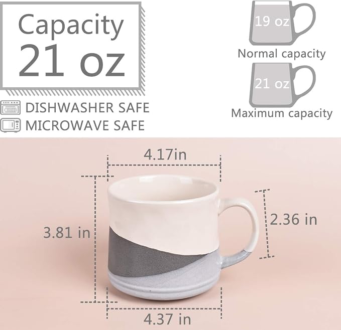 Bosmarlin Large Stoneware Coffee Mug, Big Tea Cup for Office and Home, 21 Oz, Dishwasher and Microwave Safe, 1 PCS (Geometry-Grey)