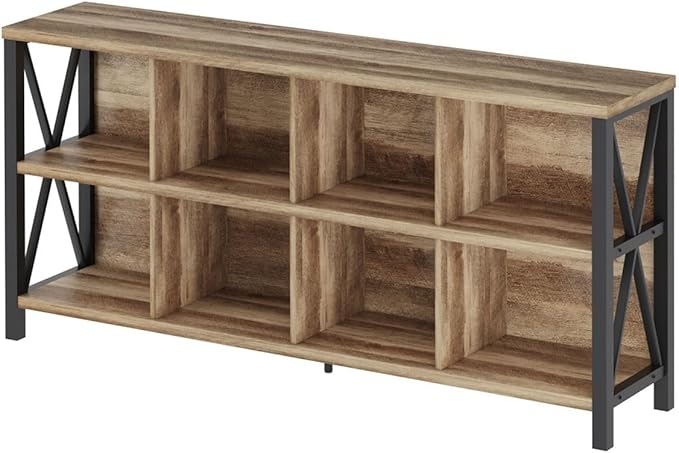 FATORRI 8 Cube Storage Organizer Bookshelf, Rustic Wood Cubby Bookcase, Industrial Horizontal Long Shelf for Living Room (Rustic Oak, 62 Inch)