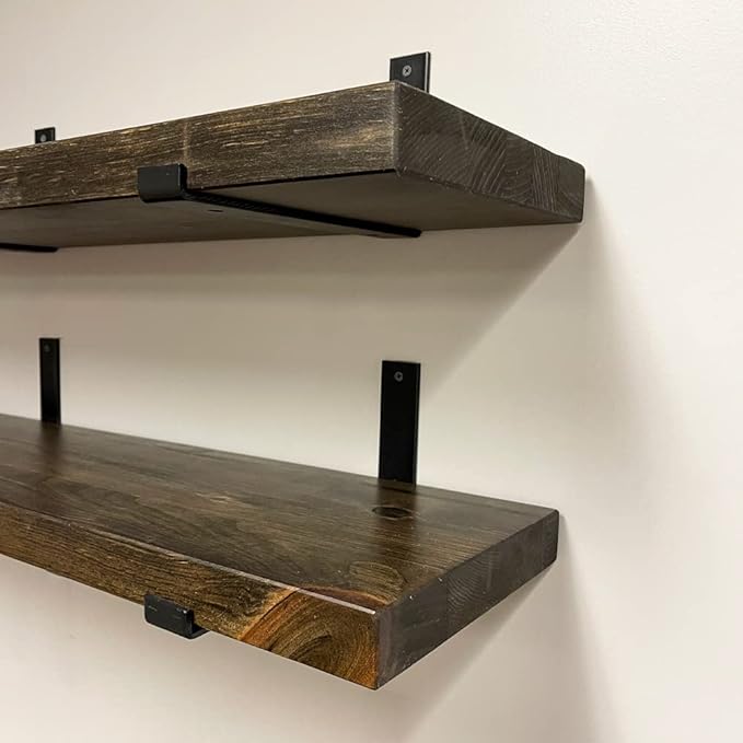 Rustic Shelves with J-Brackets Set of 2, Industrial Shelf, Kitchen Shelves, Solid Wood, Decorative Wall Storage, Heavy Duty, URBANDI (Dark Brown, 12Wx6D)