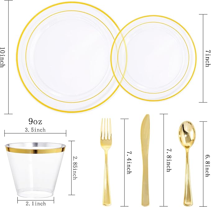 bUCLA 300Pcs Clear Gold Plastic Disposable Dinnerware Set - Clear Plates with Gold Trim Include 50 Dinner / 50 Dessert Plates,50 Cups,150 Plastic Silverware Set for Party, Fall & Thanksgiving