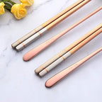 Buyer Star Stainless Steel Korean Chopsticks Spoons and Fork Set, 2 Pack Reusable Forks and Spoons Silverware Korean Utensil Set, Portable Utensils Dinnerware for Home (Rose Gold)