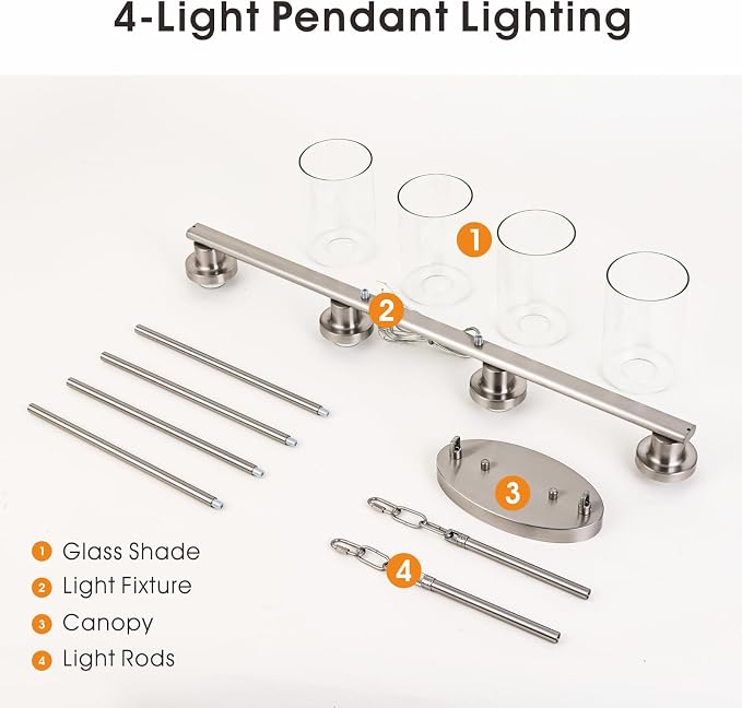Kitchen Island Lighting, 4-Light Farmhouse Dining Room Light Fixtures Over Table, Linear Chandelier Pendant Lighting for Kitchen Island for Brushed Nickel Finish with Clear Glass Shade