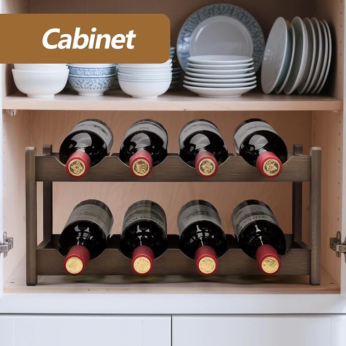 Wine Rack 8 Bottle 2-Tier Eco-Friendly Bamboo Wine Storage Easy-Assembly Space-Saving for Wine Lovers,Kitchen Wine Organizer for Countertop,Pantry, Home,Room Decor,Bar