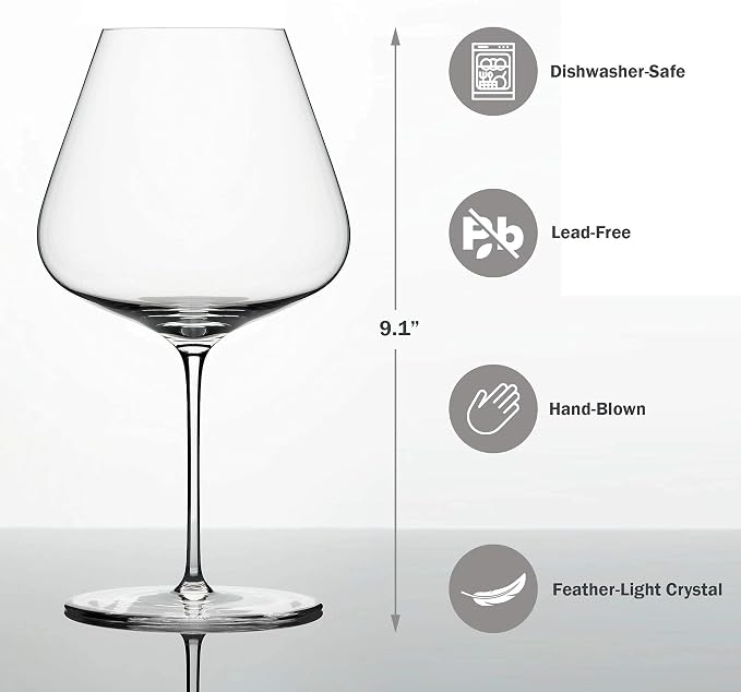 Zalto Burgundy Wine Glass | Largest in Zalto Line, Holds Full Bottle, Earth Tilt Angle Design, For Powerful Wines, Cabernet, Chardonnay, Nebbiolo