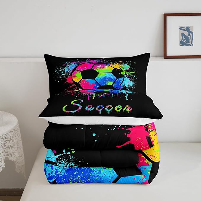 Kids Soccer Ball Game Comforter Set Full Size Football Bedding Set for Boys Girls Teens Bedroom Decor Rugby Sports Comforter American Football Player Duvet Set with 2 Pillow Case