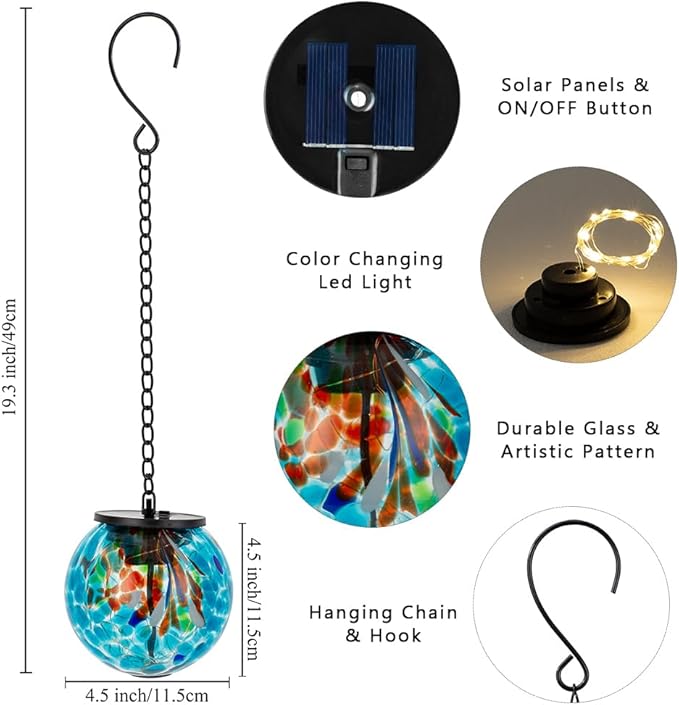 Solar Hanging Lanterns Outdoor, Solar Glass Gazing Ball Lights, Waterproof Led Globe Light for Garden Yard Tree Party Decorations, Colorful Dot