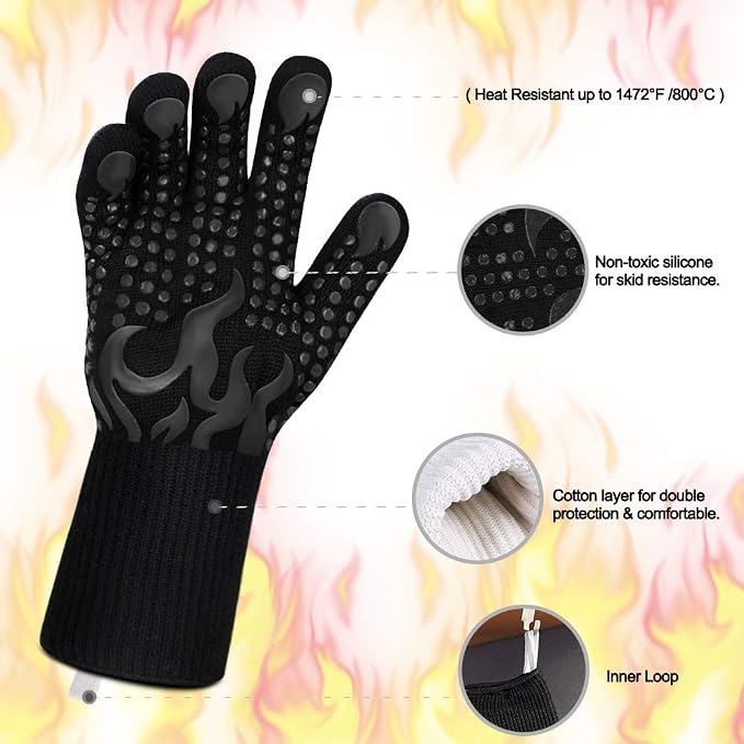 Comsmart BBQ Gloves, 1472F Heat Resistant Silicone Non-Slip Oven Mitts, Long Kitchen Gloves Perfect for Grilling, Cooking, Baking, Cutting