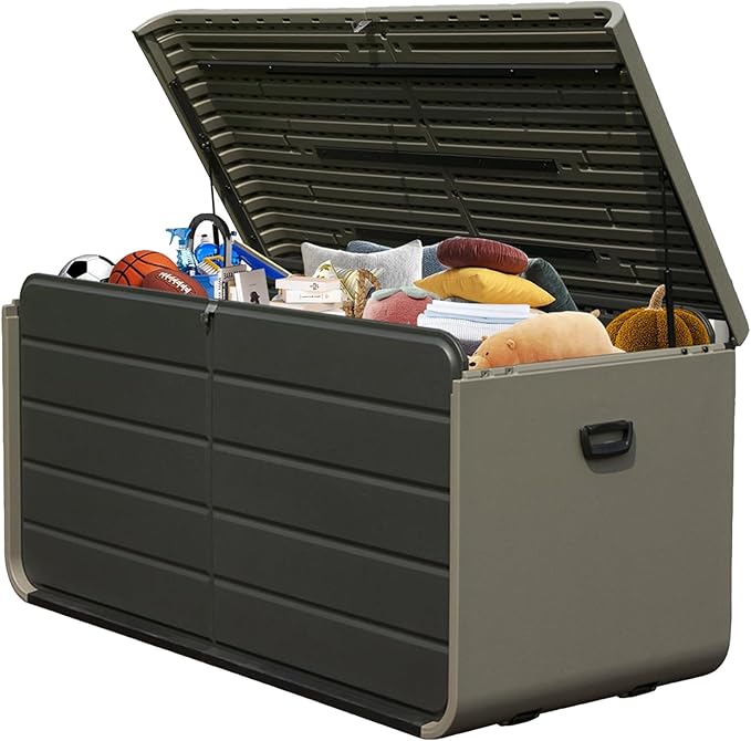 CHUNLY 200 Gallon Resin Deck Box, Large Patio Storage Box with Lock, Wheels & Waterproof Lid for Outdoor Cushions, Garden and Pool Supplies (Gray)