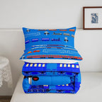 Erosebridal Train Full Comforter Set for Boys,Cartoon Car Bedding Set for Kids Boys Girls Toddler,Vintage Car Down Comforter,Retro Steam Railway Rail Traffic Light Duvet Set Bedroom Decor,Blue 3Pcs