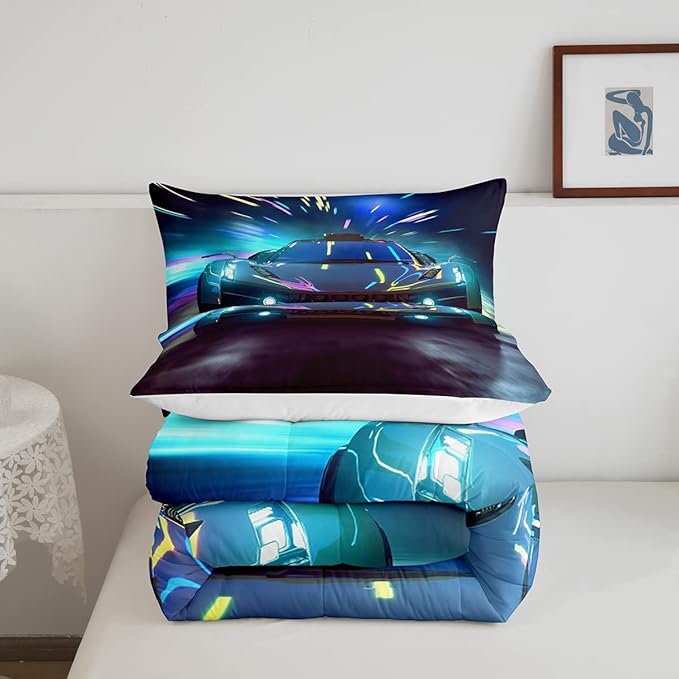 Boys Race Car Down Duvet, Cool Sports Car Comforter Set For Men Women, Extreme Sports Racer Bedding Set Full, Yellow Automobile Car Quilt Set, 1 Comforter Set With 2 Pillowcases, Lightweight, Blue