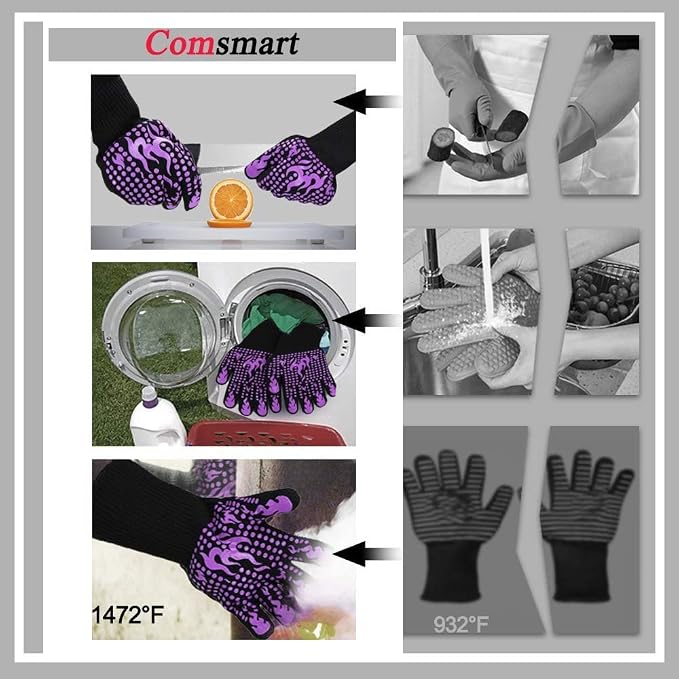 Comsmart BBQ Gloves, 1472 Degree F Heat Resistant Grilling Gloves Silicone Non-Slip Oven Gloves Long Kitchen Gloves for Barbecue, Cooking, Baking, Cutting