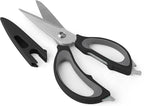 Farberware 4-in-1 Kitchen Shears with Sheath, High-Carbon Stainless Steel Scissors with Bottle Opener, Jar Opener and Screwdriver, Grey and Black Ergonomic Handle