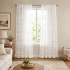 White Rod Pocket Sheer Curtains 96 inches Long Leaves Embroidered Window Curtain Sheer Voile Panels for Living Room & Bedroom, 60x96,Two Panels