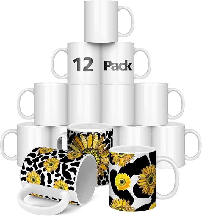 Dmsky Sublimation Coffee Mugs Tazas para Sublimar 11 oz Blank Bulk Coffee Mug White Ceramic Photo Cups with Box, Heat Tape, Sublimation Paper Ideal for Crafts Printing Set of 12