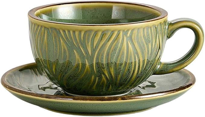 Coffeezone Vintage Design 12 oz Ceramic Latte Art Cappuccino Barista Cup with Saucer (Wave Green)