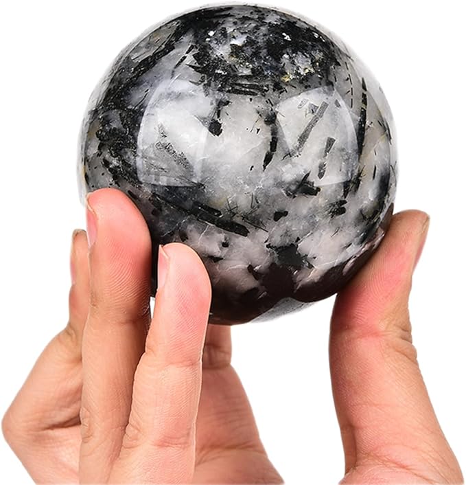 JIC Gem Black and White Tourmaline Crystal Sphere with Wooden Stand,Decorative Crystal Ball Black&White Gemstone Sphere for Meditation,Feng Shui,Witch-Style Decor,Office Table Decorations 70-80mm