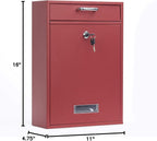 Wall Mounted Locking Vertical Dropbox Mailbox - Safe and Secure | Made with Galvanized Steel (Large, Red)