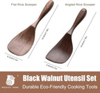 Black Walnut Wooden Cooking Spoons Set - 1 Flat + 1 Angled Rice Scooper, Durable & Eco-Friendly for Cooking & Serving - Perfect for Kitchen Enthusiasts and Gourmet Lovers