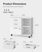 FEZIBO 3-Drawer Mobile File Cabinet, Lateral Filing Cabinet with Lock, Printer Stand with Open Storage Shelves for Home Office, Filing Cabinets for Home Office, White