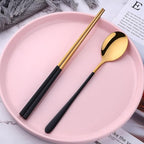 TEAHA Reusable Korean Chopstick and Spoon Set,4 Sets Long Handle Stainless Steel Spoon and Chopsticks Set,Metal Chopsticks Dishwasher Safe, Black Gold.