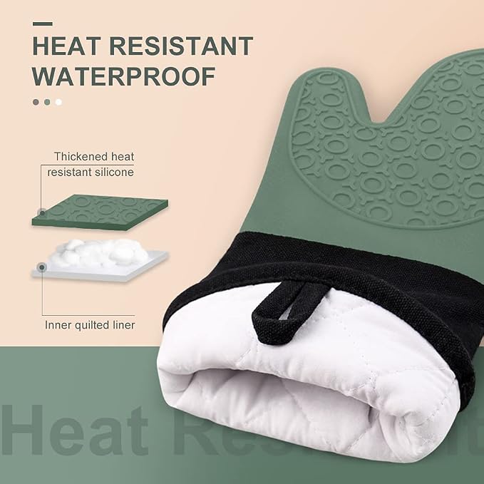 sungwoo Extra Long Silicone Oven Mitts, Heat Resistant Oven Gloves with Quilted Liner Non-Slip Textured Grip Perfect for BBQ, Baking and Cooking - 1 Pair 14.6 Inch Midnight Green & Black