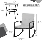 Shintenchi Outdoor 3 Piece Rocking Bistro Set, Wicker Patio Outdoor Furniture Porch Chairs Conversation Sets with Glass-Top Coffee Table for Backyard Porch Poolside Lawn, Garden,Gray