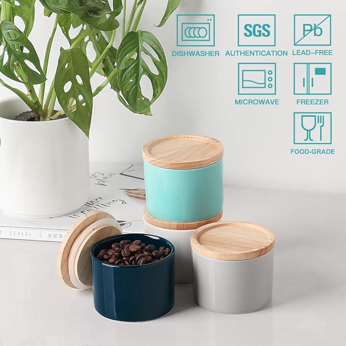 Sweejar Kitchen Canisters Ceramic Food Storage Jar, Stackable Containers with Airtight Seal Wooden Lid for Serving Ground Coffee, Tea, Sugar, Spice and More - 5 Fl Oz(Gray)