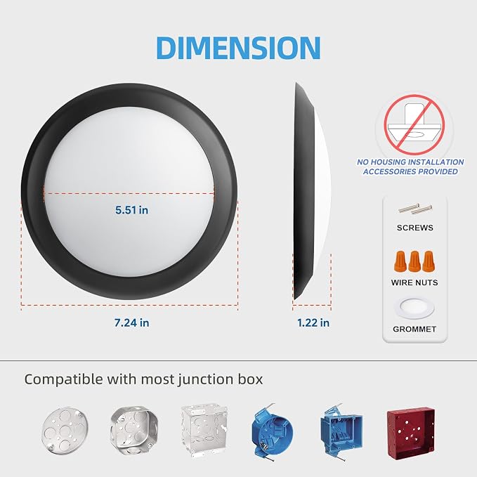 ECOELER 5/6 Inch Dimmable LED Disk Lights, 16.5W Black Flush Mount Disc Downlight, 1100lm 3000K Warm White, Low Profile Surface Mount Ceiling Light for J-Box or Recessed Can, ETL-Listed, 6 Pack