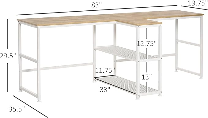 HOMCOM 83" Two Person Computer Desk with 2 Storage Shelves, Double Desk Workstation with Book Shelf, Long Desk Table for Home Office, Natural