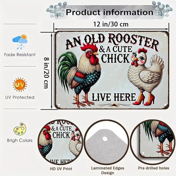 Funny Gifts for Women Chicken Lovers Farm Enthusiasts An Old Rooster And A Cute Chick Live Here Chicken Tin Sign for Chicken Coop Farm Kitchen Garden Yard Decor 8 X 12 Inch (3821)