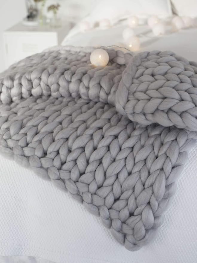 Chunky Knit Blanket Soft Handmade Knitting Throw for Bedroom Sofa Decor Super(Light Gray 47"x60")