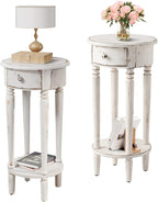 COSIEST Tall End Table with Drawer Sets of 2, Round Nightstand Bedside Table with Storage Shelf, Industrial Telephone End Table for Living Room, Bedroom, Hall Way, Space Saving